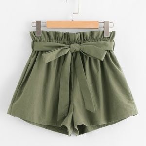 Olive Green High Waisted Tie Belt Shorts